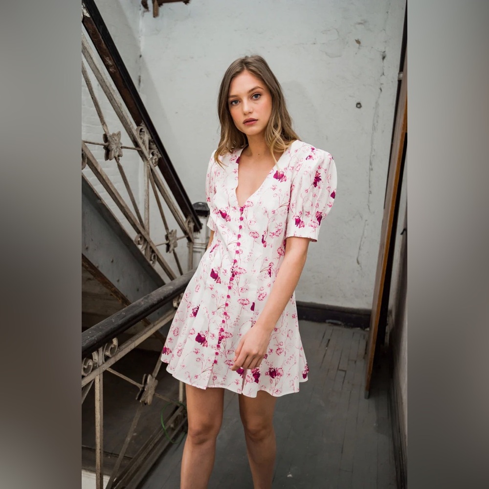 Chelsea and Walker Dress Floral Button Front Mini Linen Tencel Pink White 10